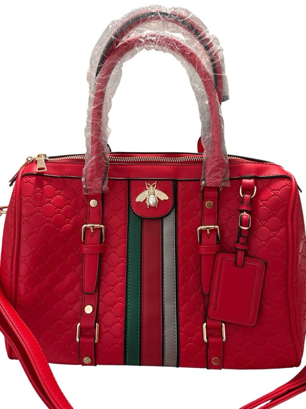 Diophy Red Quilted Satchel Bee Accent Vegan Leather Convertible Weekender NWT